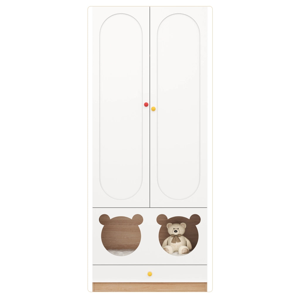 Armadio per bambini a due ante con asta appendiabiti e cassetti, 80 × 50 × 200 cm, bianco e legno naturale