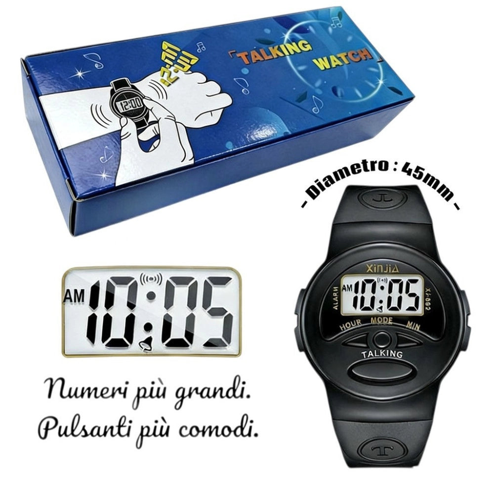 Trade Shop - Orologio Da Polso Parlante Digitale 45 Mm Nero Con Numeri Grandi -