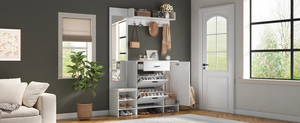 Mobile ingresso con specchio, panca, 6 ganci, 1 cassetto, 2 ante ribaltabili e 4 vani, in MDF bianco, 140 × 30 × 200 cm
