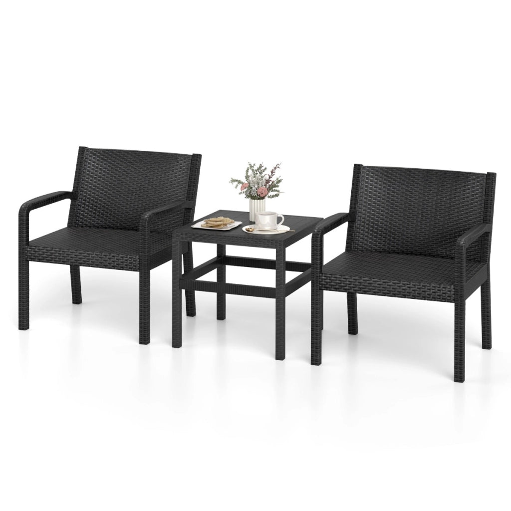 Set di conversazione da esterno con 2 poltrone moderne in rattan e tavolino quadrato, Set di mobili da patio a 3 pezzi Nero-Sedie da esterno