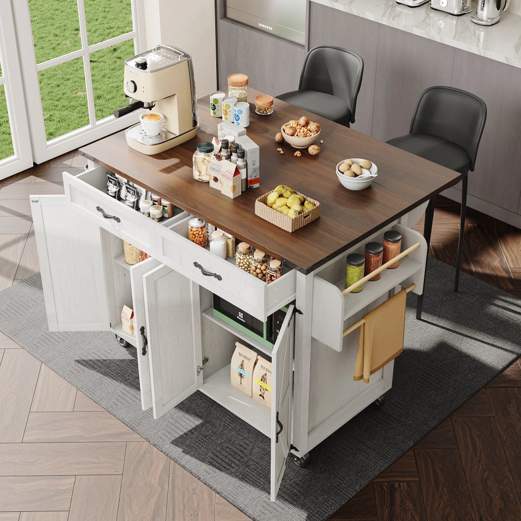 OKWISH Isola da Cucina con 4 Ante e 2 Cassetti, Piano Pieghevole, Portasciugamani e Ruote, per Cucina, MDF, Bianco