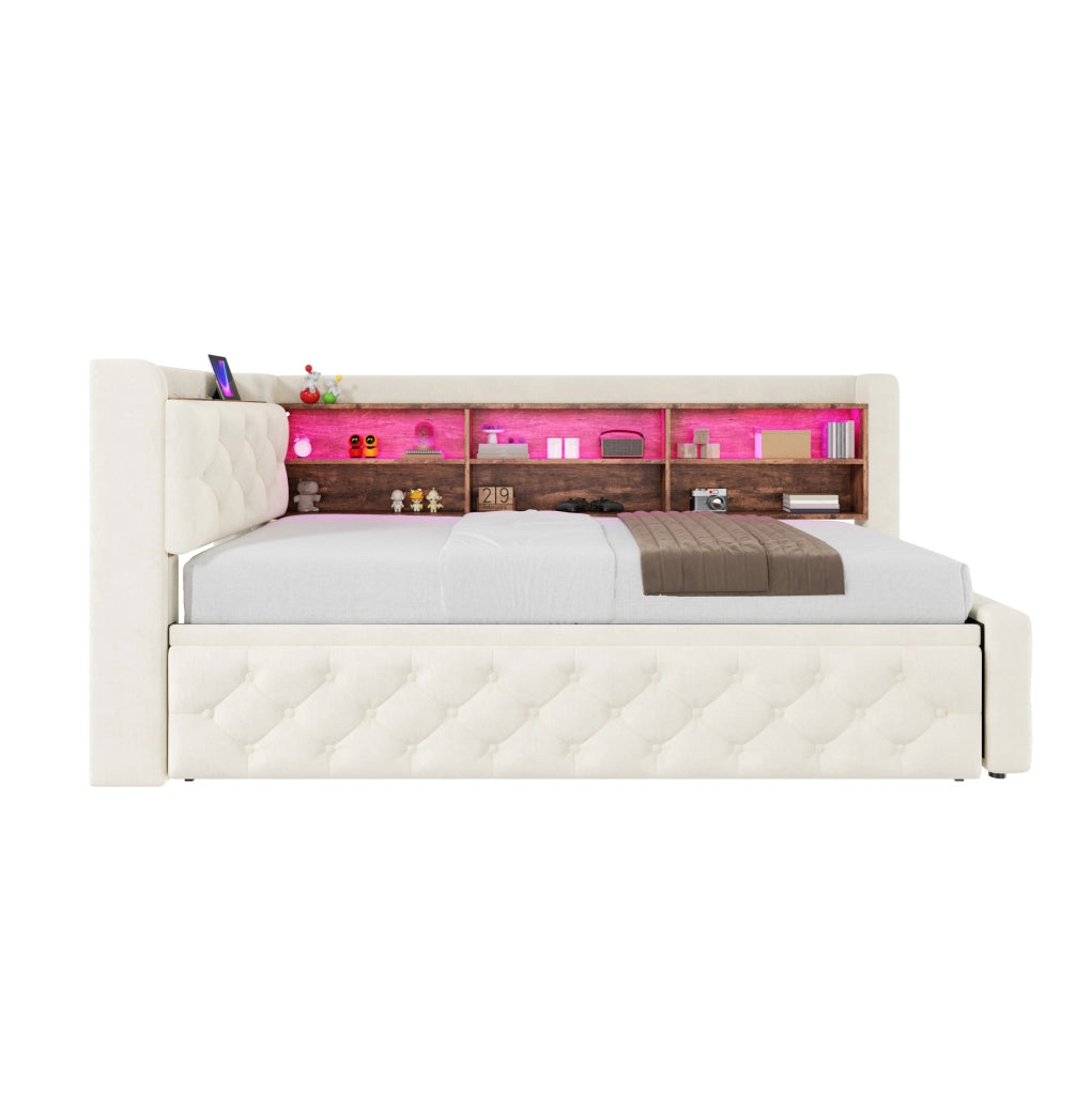 Divano letto 90x190 cm estraibile con contenitore; LED; USB e Type-C in velluto beige