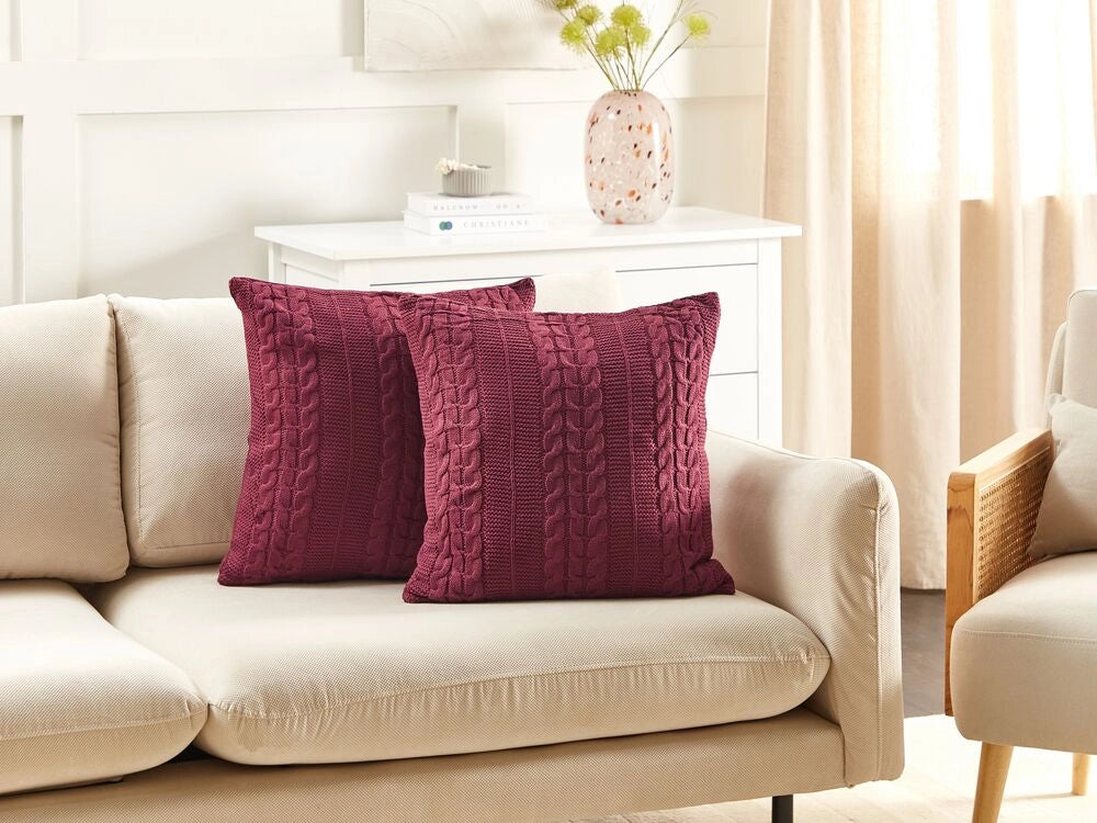 Set di 2 cuscini decorativi in cotone con disegno intrecciato bordeaux camera da letto soggiorno