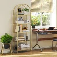 Scaffale Portaoggetti ad Arco a 5 Ripiani in Acciaio e Vetro Temperato, 60x30x175 cm, Oro