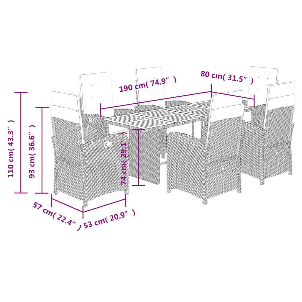 Set da Pranzo da Giardino 7 pz con Cuscini Beige in Polyrattan 3212510