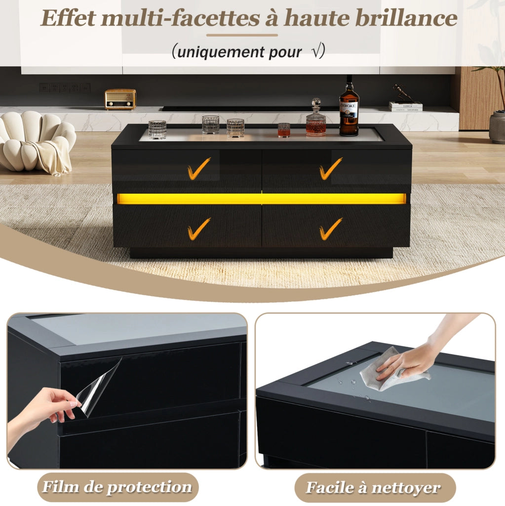 Tavolino da caffè con 4 cassetti e LED 100x50x40 cm in truciolare nero