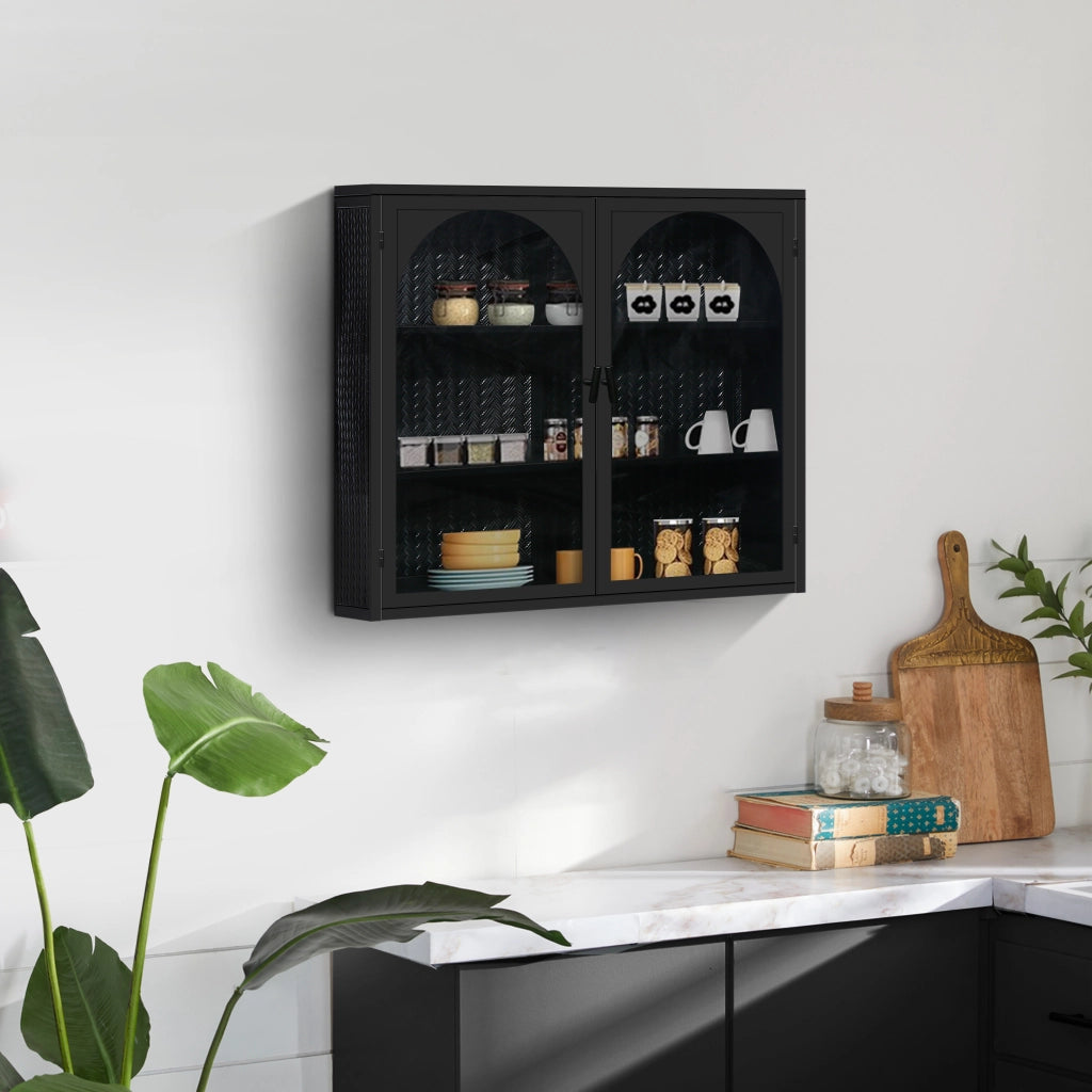 Armadietto pensile con 2 Ante e 3 Ripiani; Ripiano Rimovibile; per Bagno; in Metallo; 60 × 23 × 70 cm; Nero