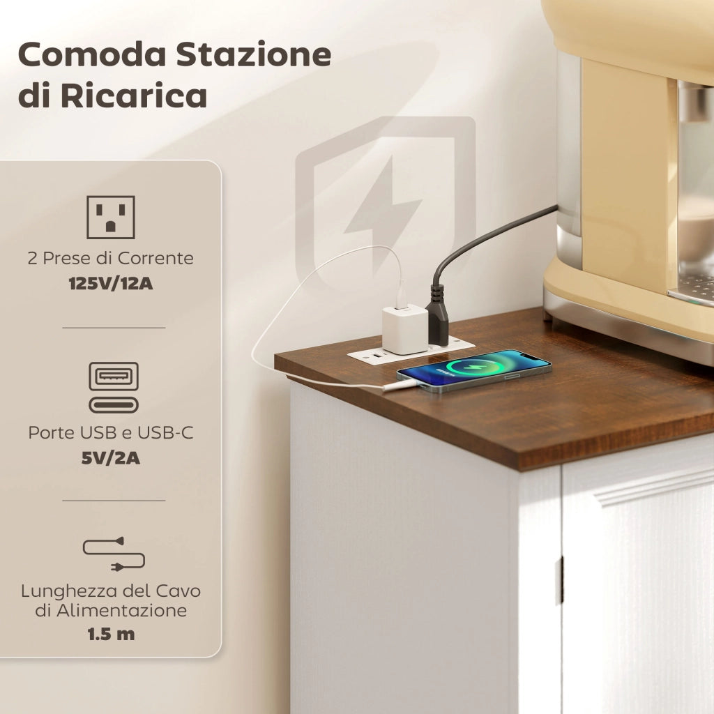 Credenza da Cucina Stile Vintage 147x40x87 cm con 4 Cassetti e 2 Armadietti con Mensole Regolabili Legno Bianco