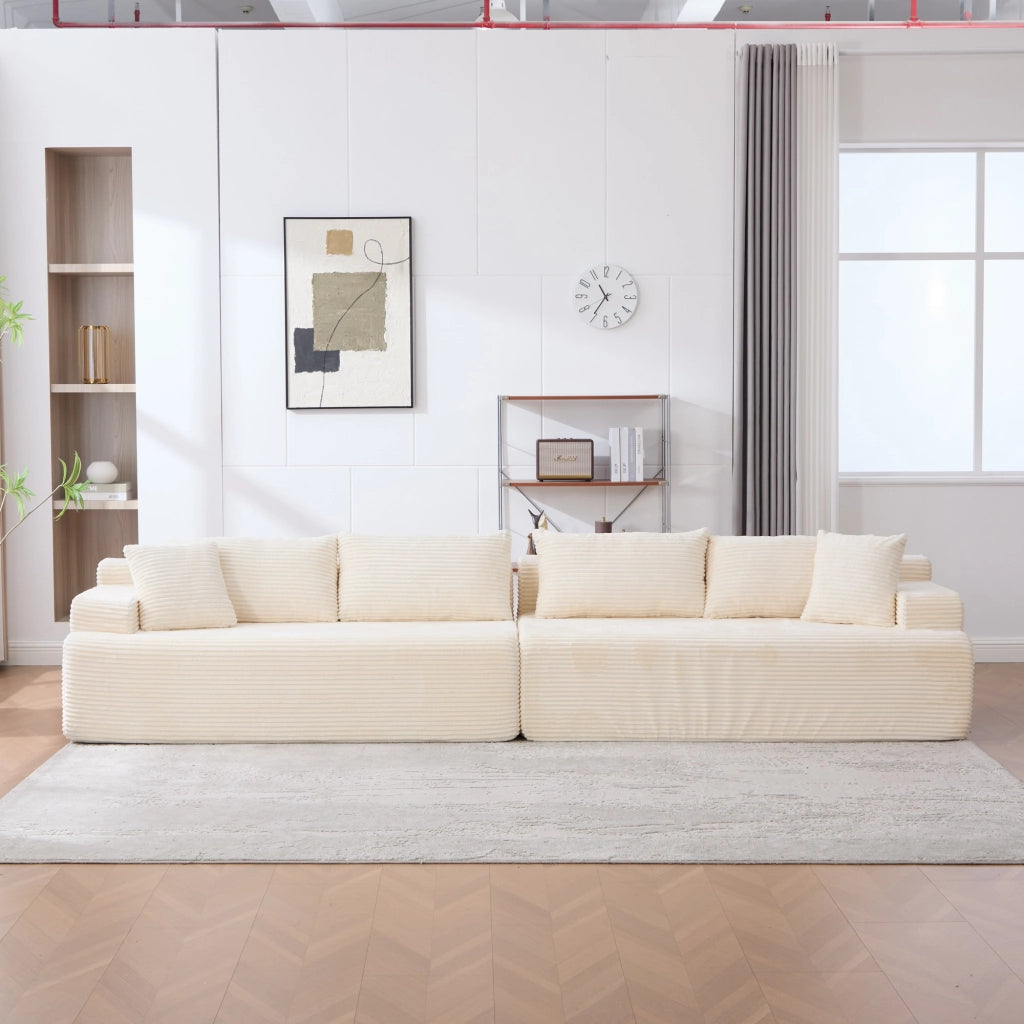Divano con funzione chaise longue in tessuto chenille beige
