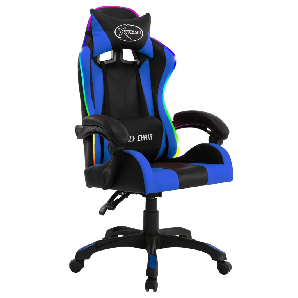 Sedia girevole da ufficio/studio per computer videogiochi con illuminazione LED RGB e similpelle blu 02_0024201