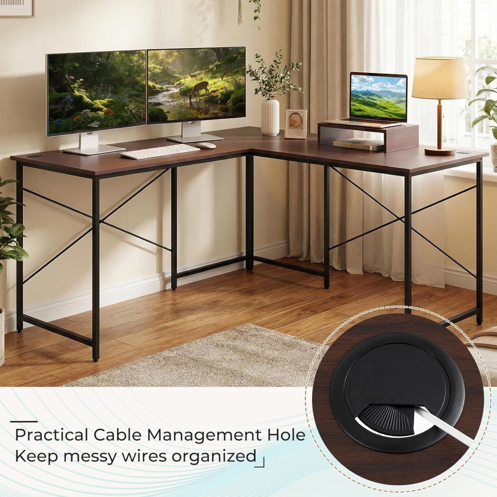 Scrivania per computer a forma di L, scrivania ad angolo convertibile con passacavi e supporto per monitor, 150 x 150 x 74,5 cm, tavolo da lavoro per ufficio, camera da letto (marrone, senza