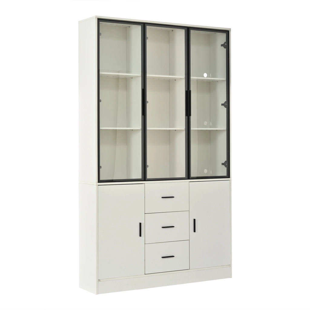 Vetrina alta con LED RGB, 5 ante, 3 cassetti, 13 scomparti, 120x30x200 cm, bianco