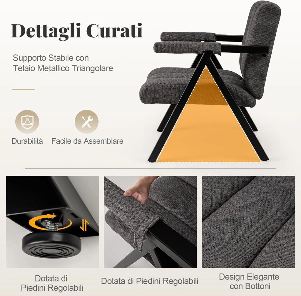 Poltrona da Salotto, Sedia Ergonomica con Struttura in Metallo, Braccioli e 4 Piedini Regolabili, Sofa Imbottita Relax Moderna per Soggiorno e Camera da Letto, Portata 150 kg (Grigio)