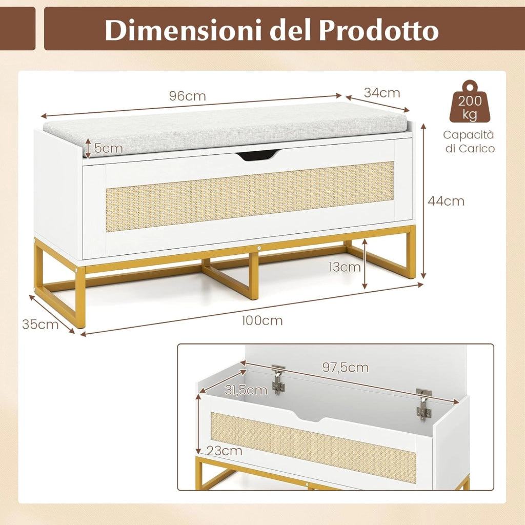71L Panca Scarpe con Seduta Imbottita, Cassa Portaoggetti in Rattan con Coperchio Ribaltabile, Panchina da Ingresso con Spazio Nascosto, 100x35x44 cm (Bianco)