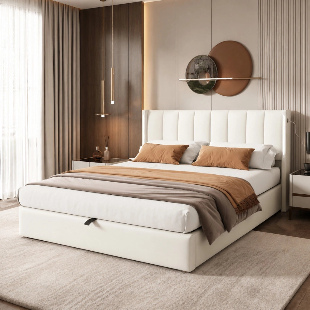 Letto imbottito 140x190 cm con USB; LED; rete a doghe; vano contenitore; PU bianco
