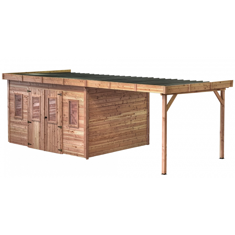 Casetta da giardino in legno 280x680 cm con legnaia – Spessore pareti 28 mm – Tetto piano in acciaio – DIN4030.02B Foresta