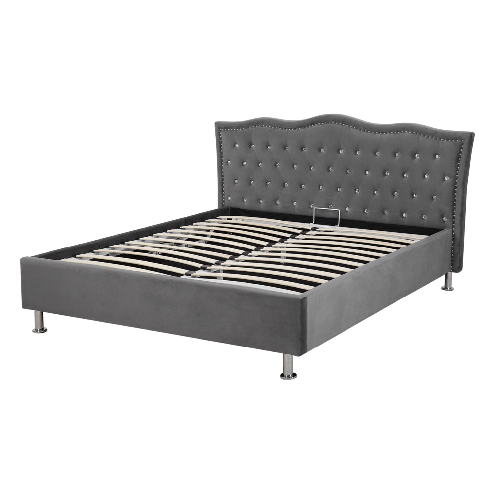 Letto matrimoniale 140 x 200 cm tessuto grigio scuro struttura imbottita finiture per la testa dei chiodi bottoni cristallo poggiatesta