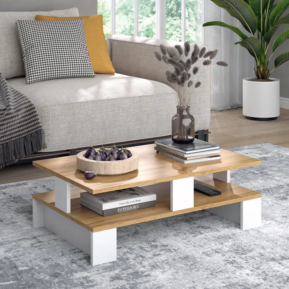 Tavolino da salotto Belina, Quercia dorata/bianco, 80 x 50 cm con due livelli