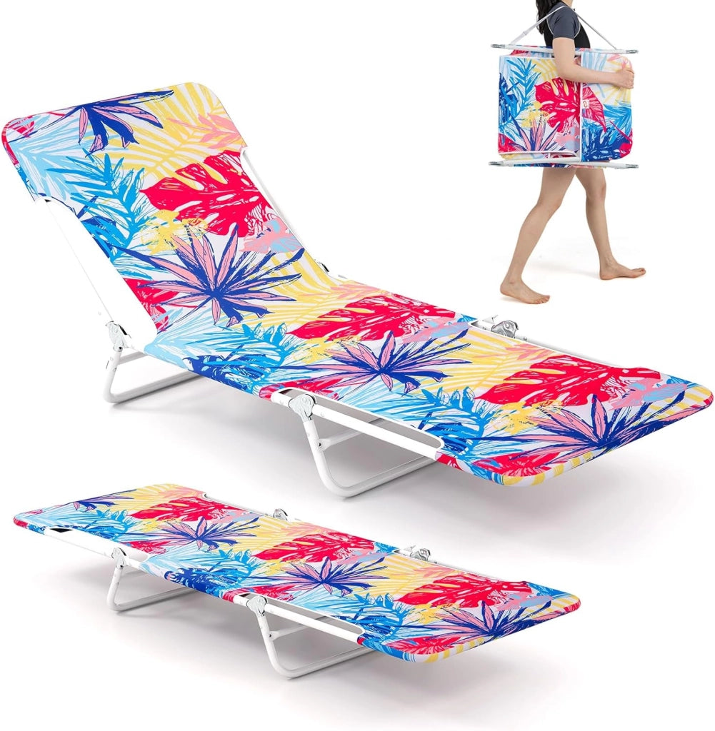 Set di 2 Lettino da Spiaggia Pieghevole, Sedia Reclinabile da Spiaggia a 5 Posizioni con Cinghia, Sedia a Sdraio Portatile da Campeggio Patio, Portata 150 kg (A Righe)