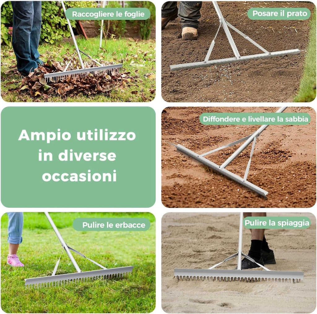 Rastrello da Giardino, Rastrello in Alluminio con Testa Larga 91 cm, 36 Denti, Manico Lungo 174 cm, per Allentare il Terreno, Cura del Prato, Cura del Lago Stagno Spiaggi