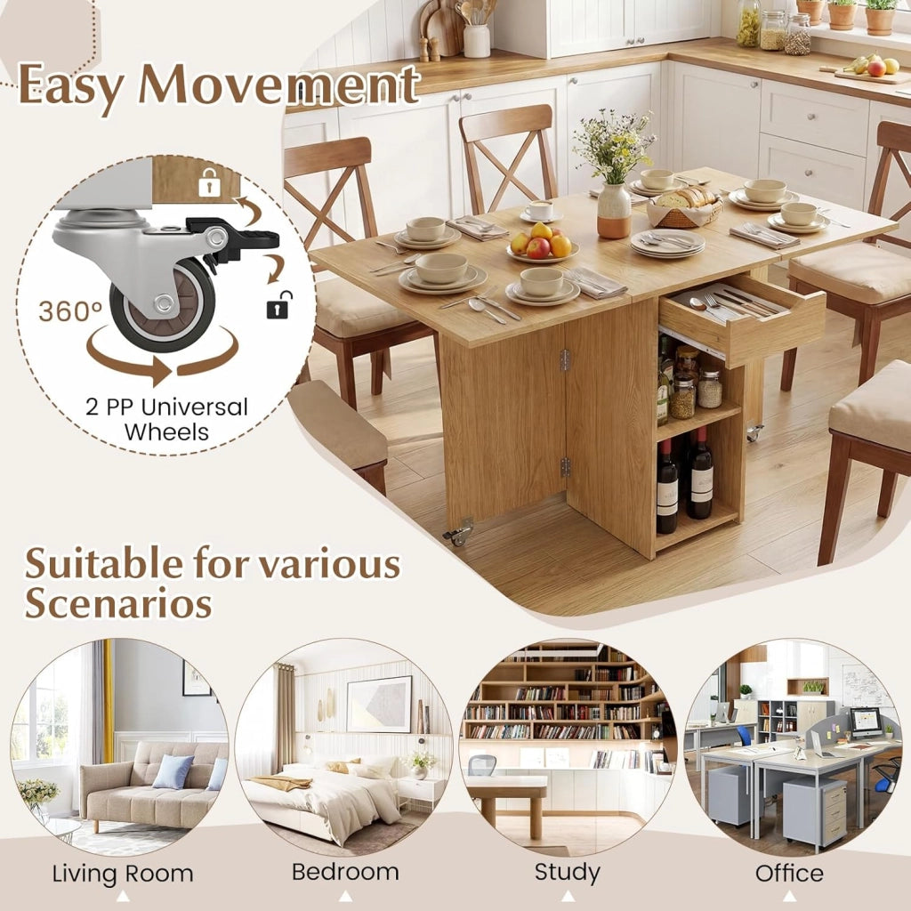 Tavolo da Pranzo Pieghevole, Mobile da Cucina con Ali Pieghevoli, 1 Cassetto e 2 Ripiani Aperti, per 2-4 Persone, Salvaspazio, 120 x 72 x 75 cm, Ideale per Sala e Cucina