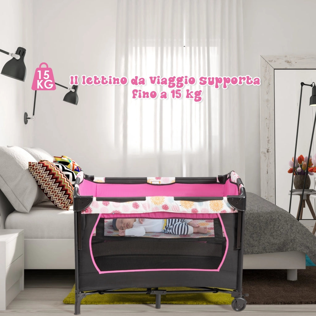 Box portatile 3 in 1 per bambini-Letto pieghevole con tasca carillon giocattoli carini Rosa