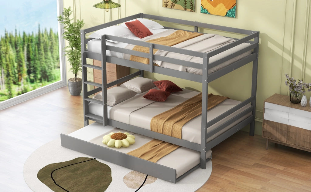 DESMIU Letto a castello 140 × 200 cm 3 posti con letto estraibile e scala, senza materasso, in pino e MDF, grigio
