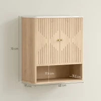 Armadietto Bagno a Parete con Ripiano Aperto e Ante Decorate, Piano Effetto Marmo, 60x18x70 cm, Rovere