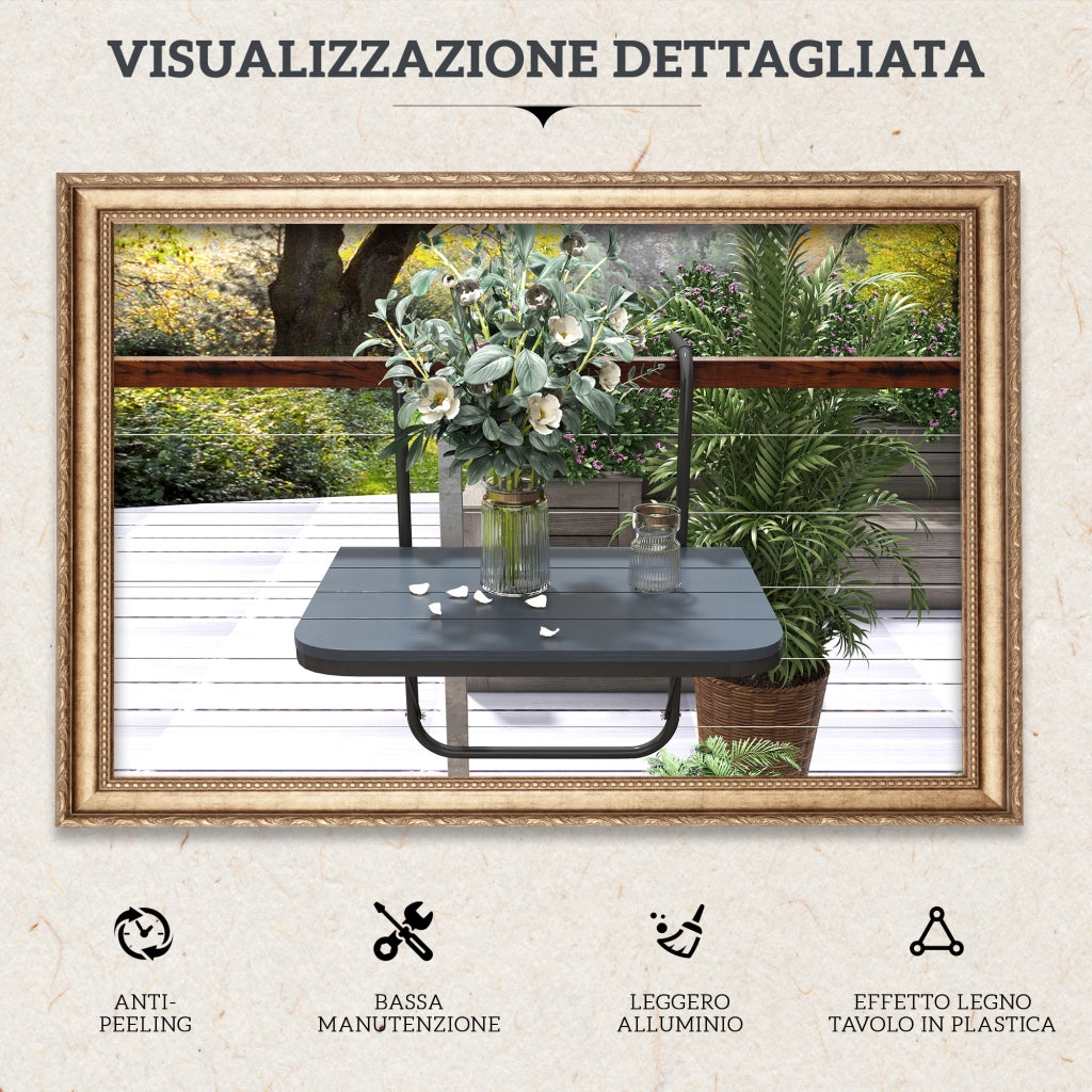 Tavolino da Balcone Pieghevole e Regolabile, in Alluminio e Legno Composito, 60x40x55-64 cm, Nero