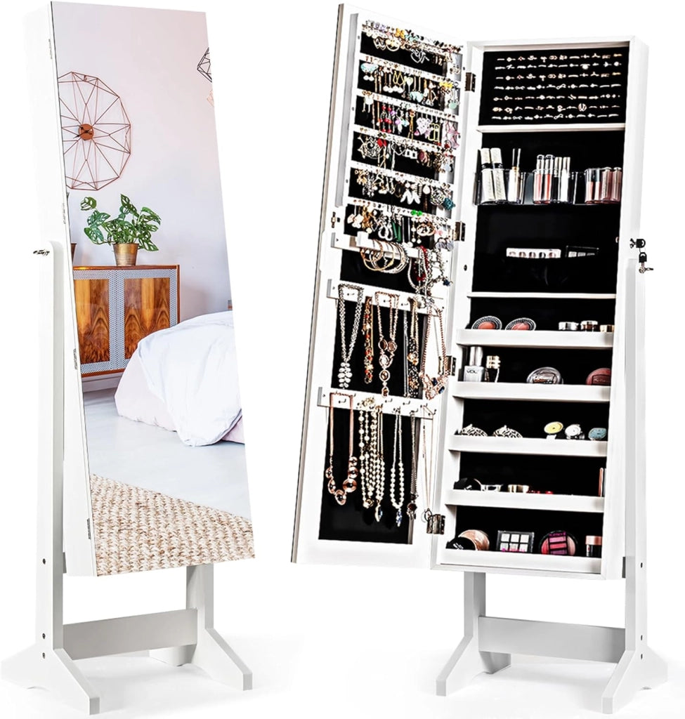 Armadietto Portagioie Specchiera per Gioielli, Armadio per Gioielli 2 in 1 con Grande Capacità, 4 Angoli Regolabili, 41 x 36,5 x 146 cm (Bianco)