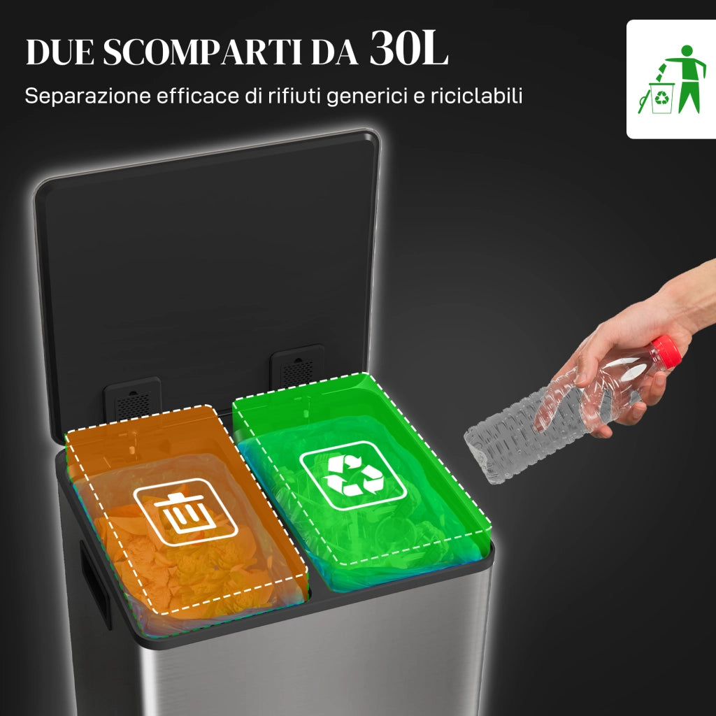 Bidone Immondizia a 2 Sezioni da 30L a Pedale con Coperchio Silenzioso, in Acciaio Inox e PP, 47.7x37.5x66.8 cm