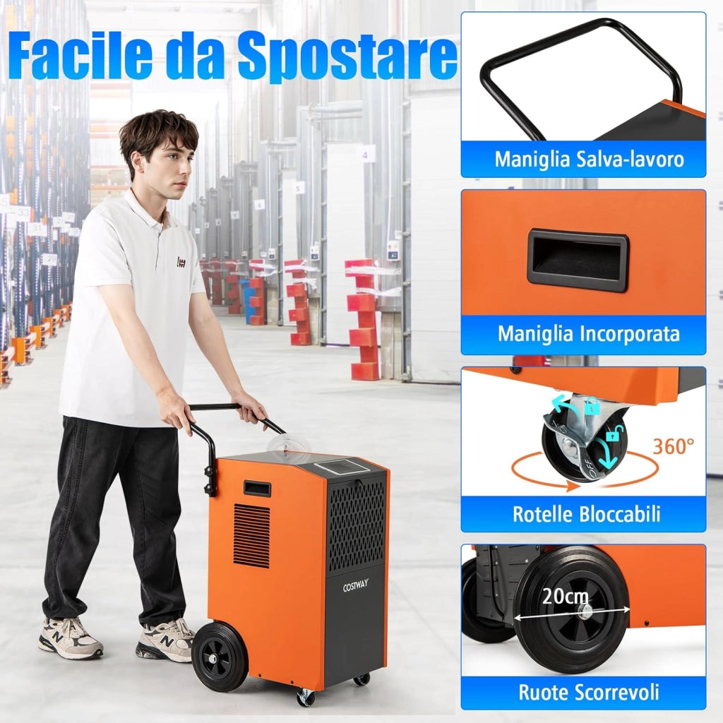 Deumidificatore Casa, Deumidificatore Elettrico con Tubo di Scarico e Timer, Deumidificatore Portatile con Ruote per Cantina, Magazzino, Fabbrica e Grandi Spazi fino a 695 m³ (Arancione)
