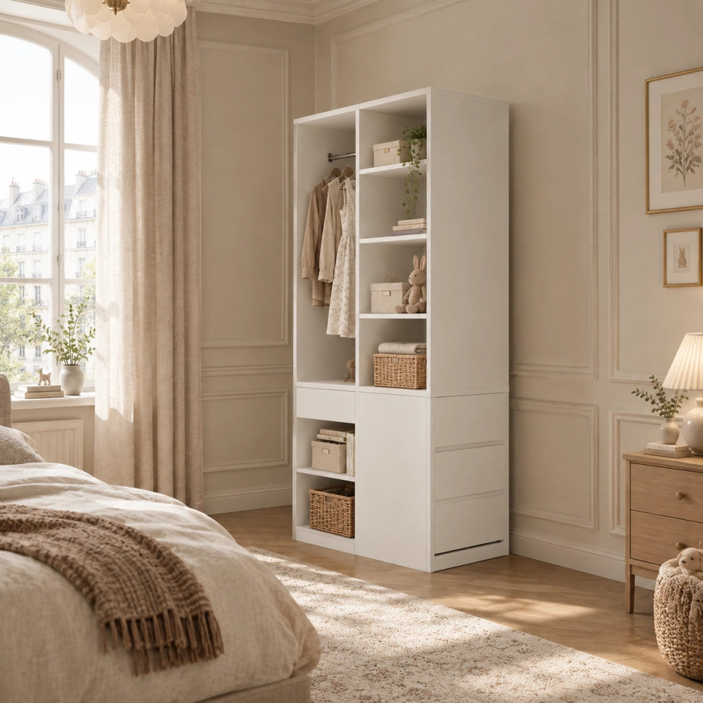 Armadio con cassetti, ripiani aperti e barra appendiabiti per camera da letto, in MDF bianco, 70 × 50 × 170 cm
