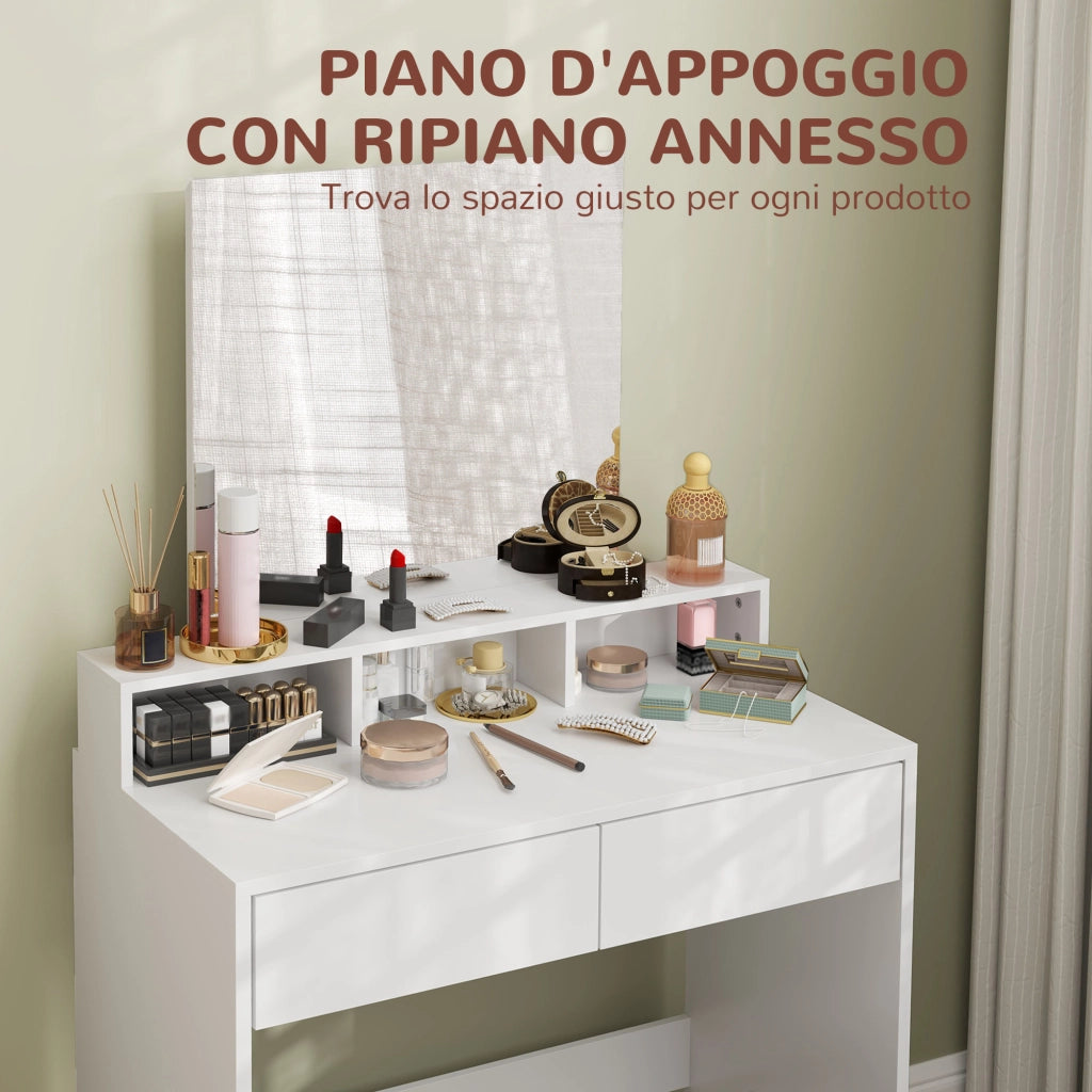 Tavolo da Trucco con Specchio, 3 Ripiani, 2 Cassetti e Sgabello, in Legno, 75x38x135 cm, Bianco