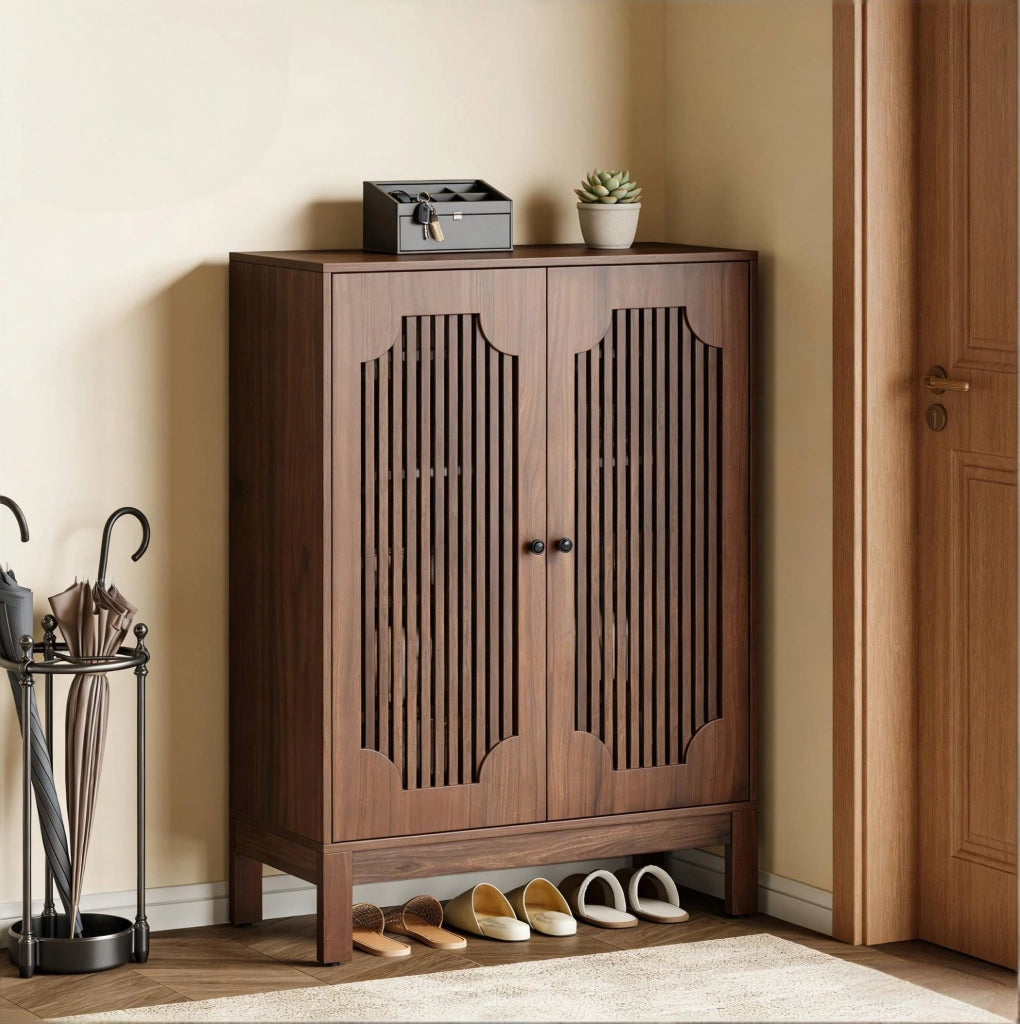 Scarpiera alta in MDF marrone rustico con 4 ripiani regolabili