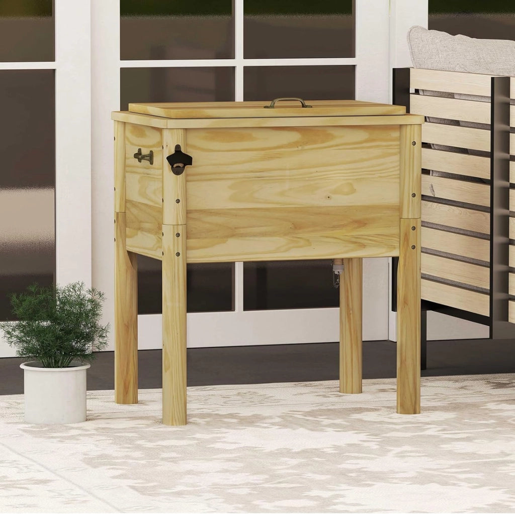Frigorifero per rotelle, 51 l, bar all'aperto mobile 67 x 47 x 74 cm, tempo di mantenimento 2-4 ore, materiale in legno di pino solido, per giardino, terrazza, piscina, bistrot, naturale