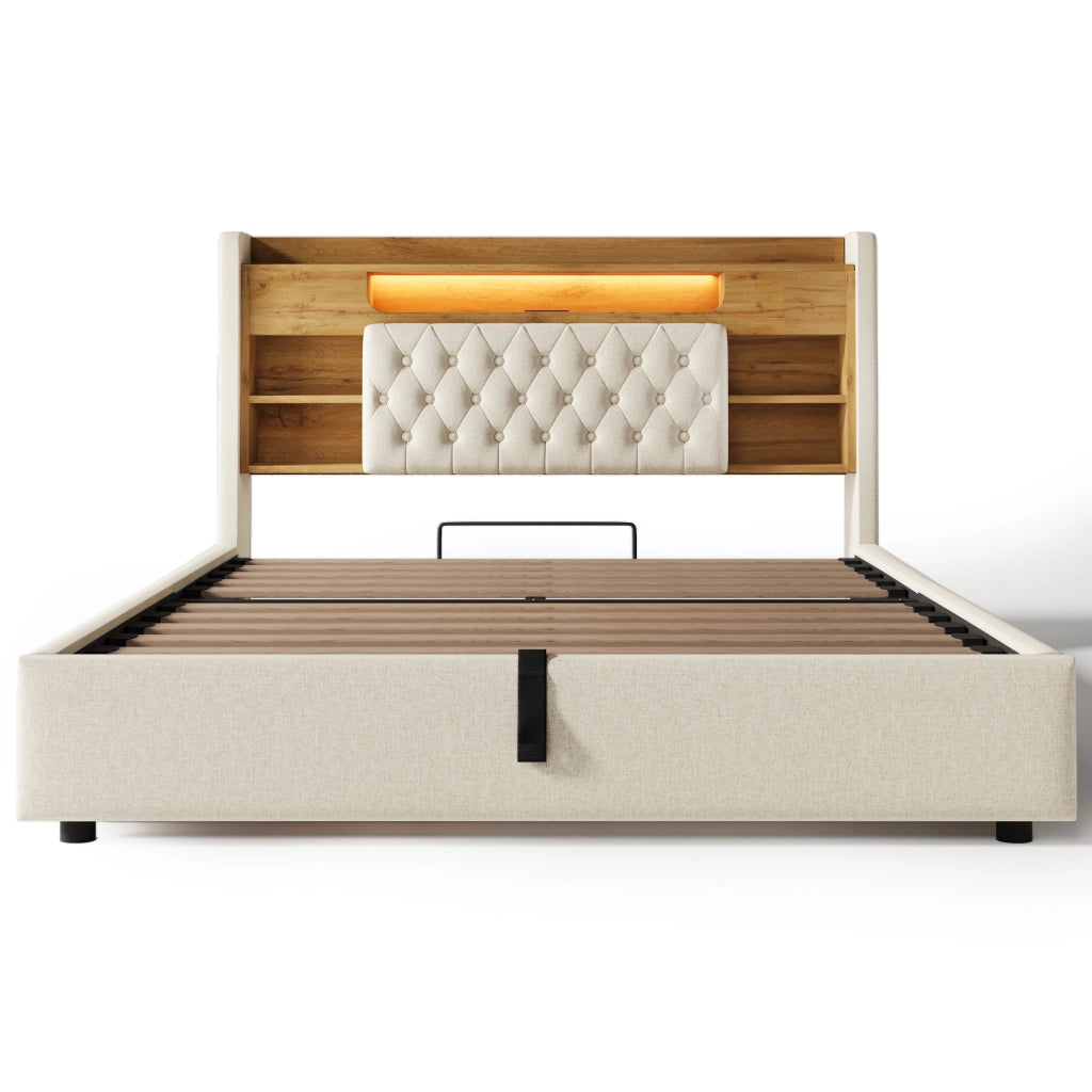 Letto Imbottito Contenitore con LED ¨C MINIMAL ¨C Testiera con Ripiano, USB, Tessuto Beige, 160x200
