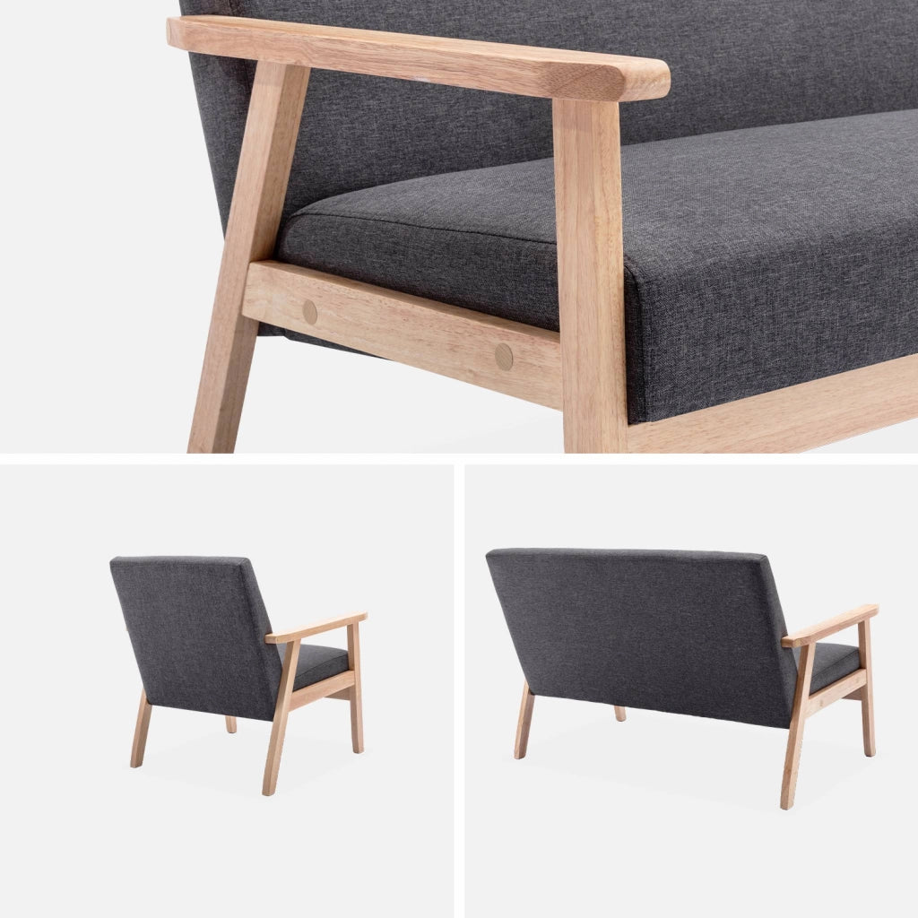 Set panca e poltrona in legno e tessuto, 3 posti, grigio scuro
