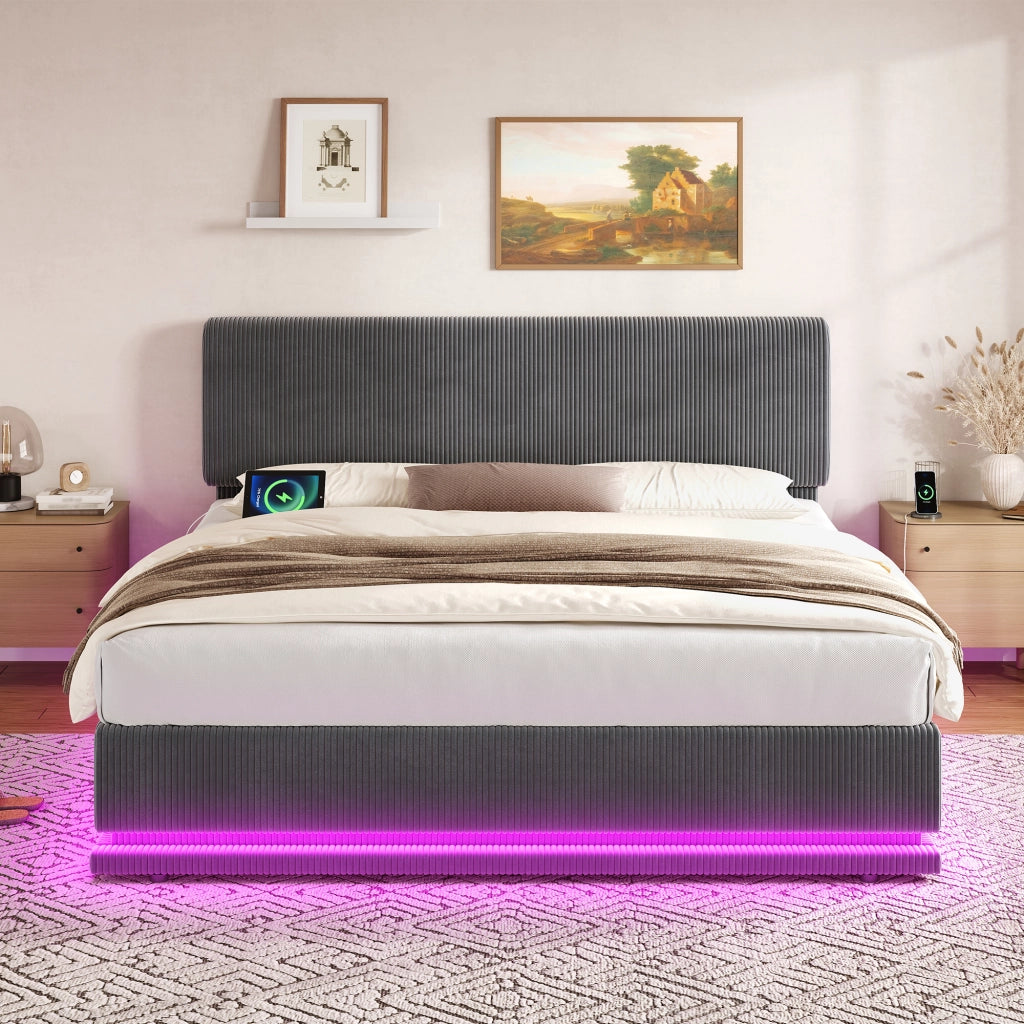 Letto imbottito con LED USB regolabile 160x200 cm velluto a coste grigio scuro