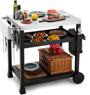 Acciaio Inox Carrello Barbecue 3 Ripiani, Tavolo BBQ con 2 Ruote Ganci,Carrello Cucina Esterna con Maniglia,Carrello di Servizio Cucina Esterni da Multiuso,per Casa Cortile Patio e Giardino