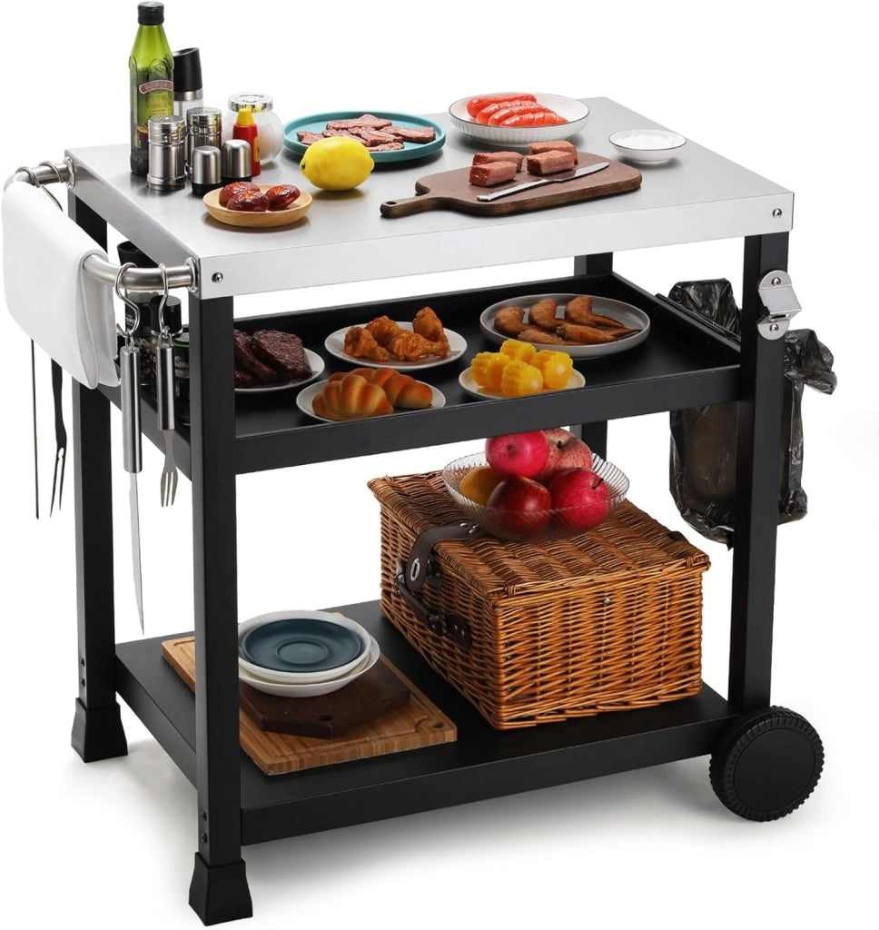Acciaio Inox Carrello Barbecue 3 Ripiani, Tavolo BBQ con 2 Ruote Ganci,Carrello Cucina Esterna con Maniglia,Carrello di Servizio Cucina Esterni da Multiuso,per Casa Cortile Patio e Giardino