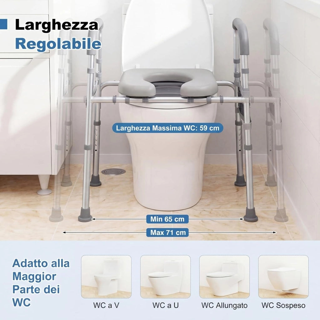 Ringhiera di Sicurezza WC, Barra Bagno con Braccioli Imbottiti, Portacarta Igienica e Tasca Portaoggetti, Altezza Regolabile in 5 Posizioni, Rialzo WC per Anziani, Donne Incinte e Pazienti