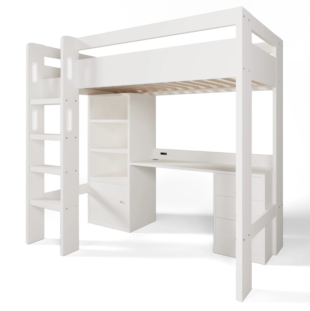 Letto a soppalco ULEVR 90x200 cm con scrivania USB/Type-C, armadio, cassetti e scaffale, bianco
