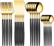 Set di posate da 24 pezzi, set di posate per 6 persone in acciaio inossidabile per alimenti, set di posate con impugnature in materico nero, coltello da steak, forchetta e cucchiaio, set di utensili da cucina per casa, ristorante e hotel
