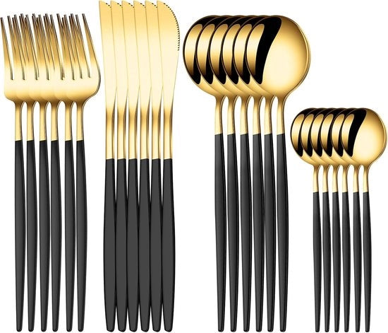 Set di posate da 24 pezzi, set di posate per 6 persone in acciaio inossidabile per alimenti, set di posate con impugnature in materico nero, coltello da steak, forchetta e cucchiaio, set di utensili da cucina per casa, ristorante e hotel