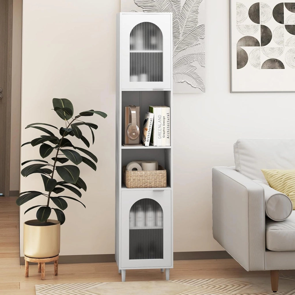 Armadio da Bagno a Colonna Autoportante 180 cm, con Ripiani Regolabili, Scomparti Aperti e Ante in Vetro Temperato, Mobile Portaoggetti per Soggiorno e Cucina, Bianco