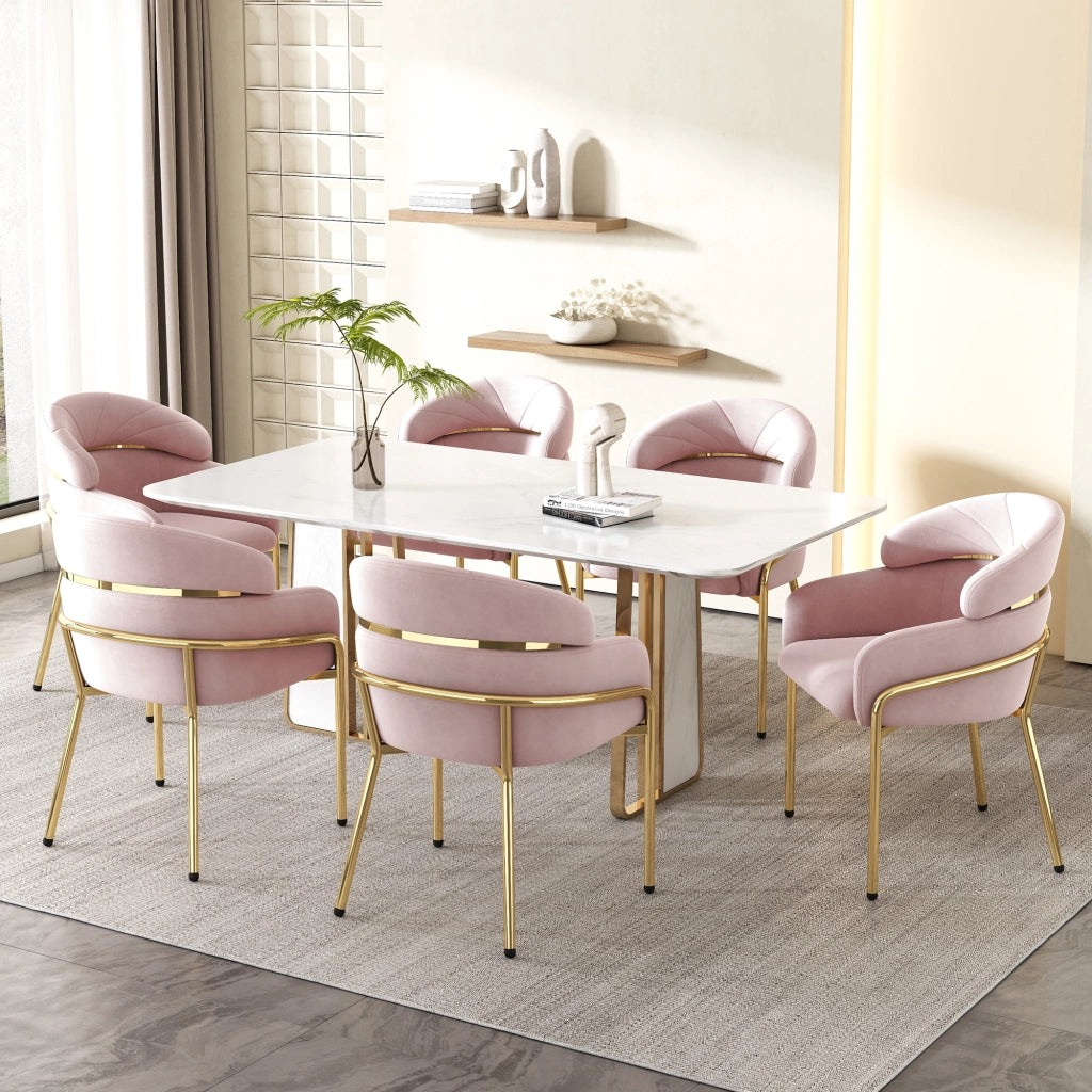 Sedia da Pranzo Poltroncina Relax con Design Ergonomico e Gambe in Metallo in Velluto Rosa