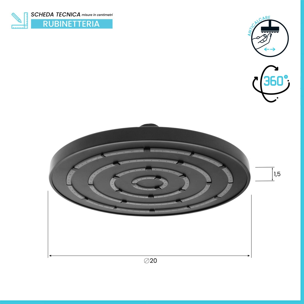 Soffione doccia Ø 20 cm in finitura nero anticalcare Hidra