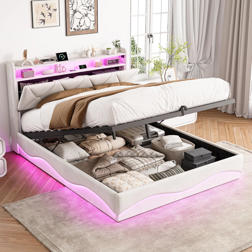 Letto una piazza e mezza 140x200 cm con contenitore LED USB Type-C testiera rete a doghe tessuto - beige