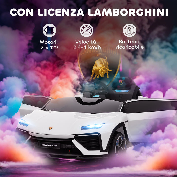 Macchina Elettrica per Bambini 101.5x49x43 cm Licenza Lamborghini 12V con Luci LED Clacson e Telecomando Bianca